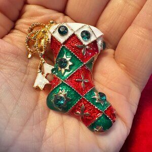 Christmas Stocking Brooch Red Green Enamel Rhinestone Holiday Festive Pin